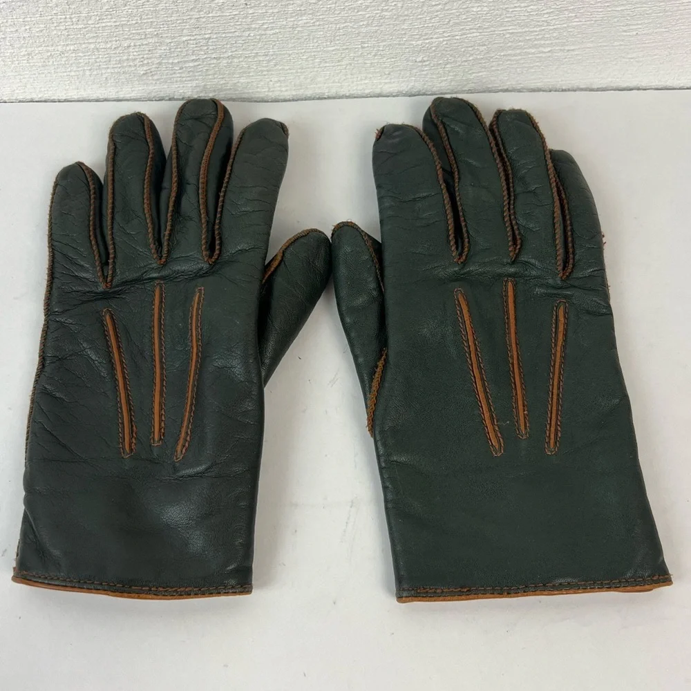 LRL Lauren Ralph Lauren Green Tan Leather Gloves, Medium